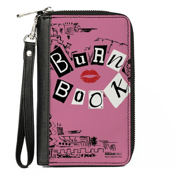 Paramount Wallet, Zip Around, Mean Girls Burn Book Cover Doodles Pink, Vegan Leather