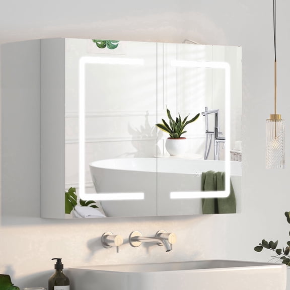 Hironpal Lighted Medicine Cabinet with Mirror,32" x 24" Bathroom Mirror Cabinet with Sockets & USB,2 Doors,Wall Mounted,White