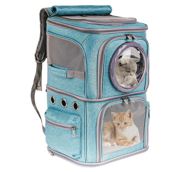 2-in-1 Pet Carrier Backpack for Two Cats or One Dog, Green Double-Layer 2 Compartment Carry Bag to Transport Small Animals Traveling and Hiking, Space Capsule Clear Bubble Dome