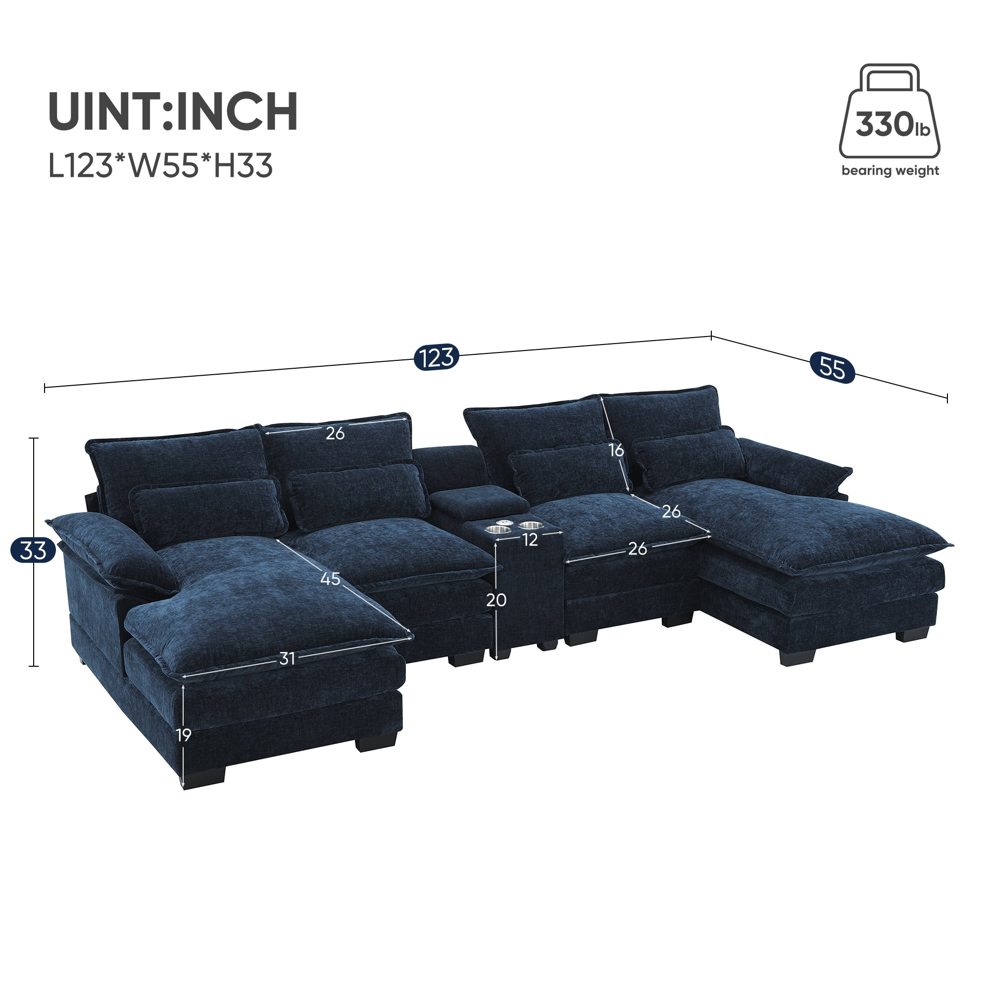 Harper & Bright Designs Sectional Sofa with Console and Cup Holders, Modern U Shaped Sofa Couch Sets with 2 Chaise Lounge, 4-seat Velvet Cloud Couch with USB Ports for Apartment Office, 123" Blue
