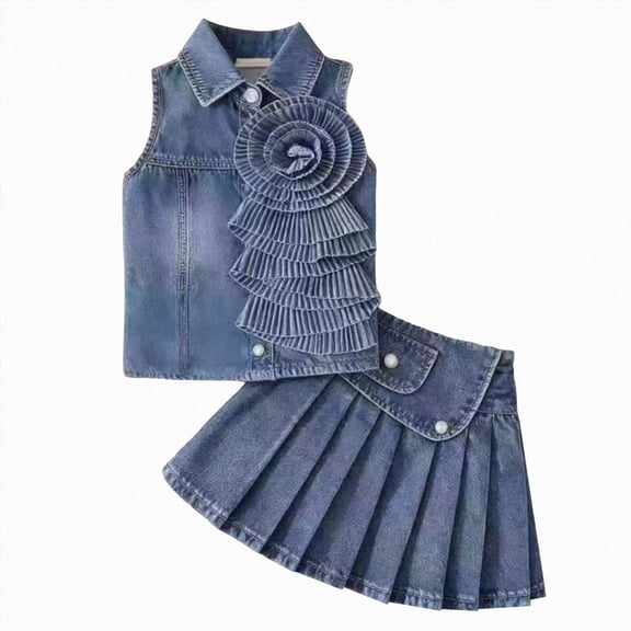 Paguaki Girl Denim Jeans Sleeveless Button Down Vest Mini Skirt Two Piece Cute Outfit Set For 2-7 Years