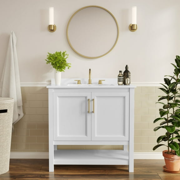 Flash Furniture 36" Bathroom Vanity with Sink, Storage Cabinet with Gold Hardware, Soft Close Doors & Open Shelf, Carrara Marble Finish Countertop, White/White