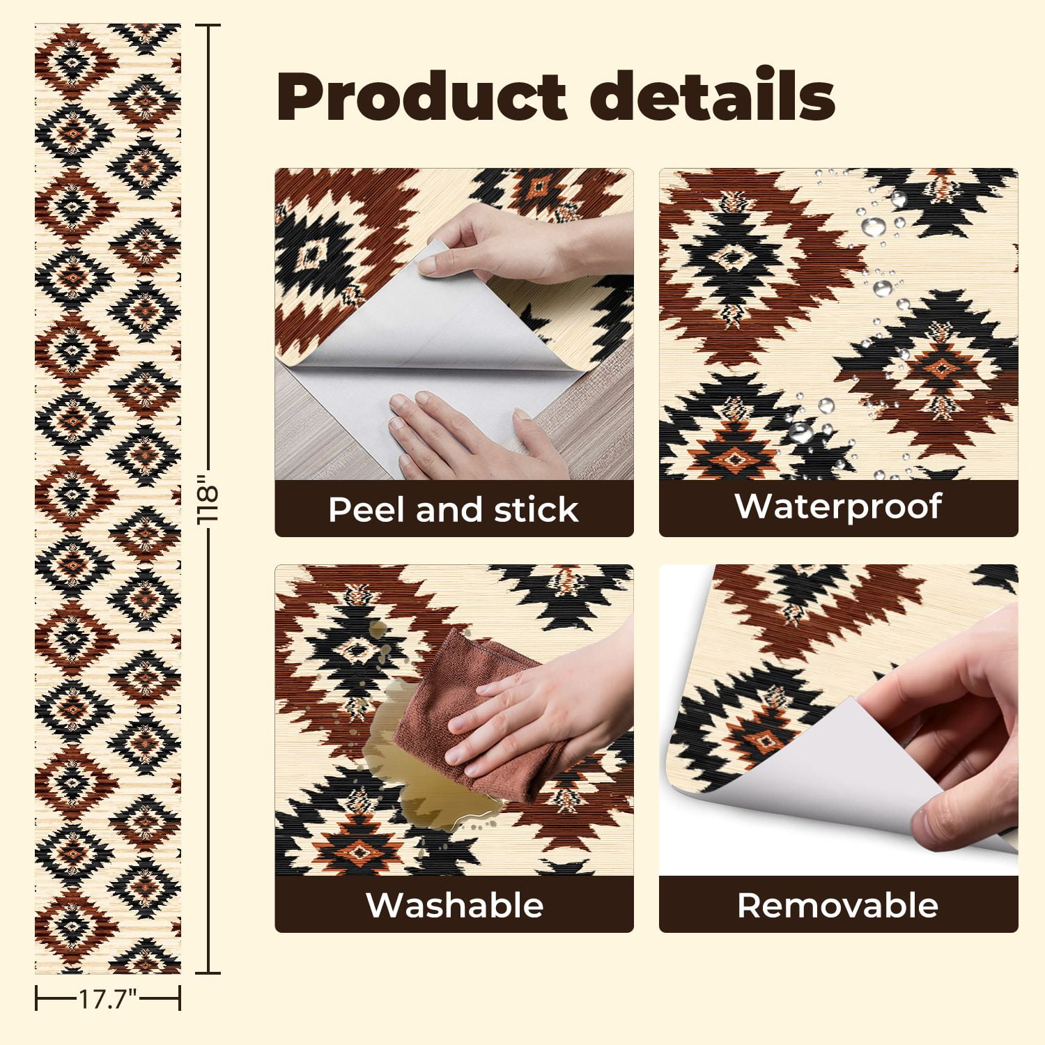 Aztec Peel and Stick Wallpaper Geometric Diamond Earthy Tones Vintage Texture Wall Mural 17.7in x 9.8ft Self Adhesive Removable Wall Paper Renter Friendly Wallpaper for Nursery Bedroom Cabinets