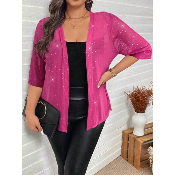 Plus Size Hot Pink Rhinestone Mesh Sheer Jacket, Elegant Open Front