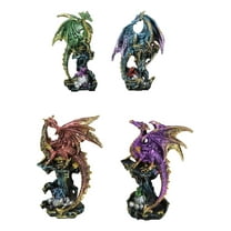Set Of 4 Metallic Colorful Fantasy Dragons Perching On Rock Towers Figurines