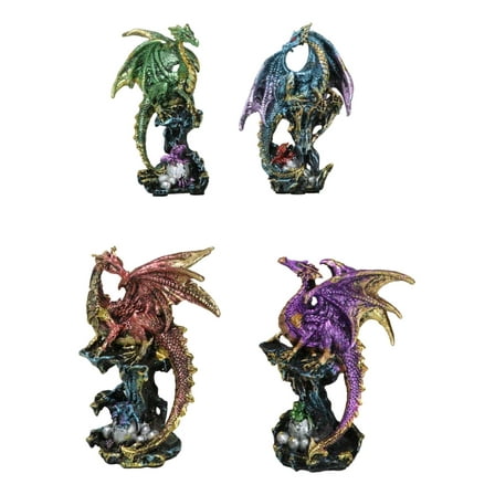 Set Of 4 Metallic Colorful Fantasy Dragons Perching On Rock Towers Figurines