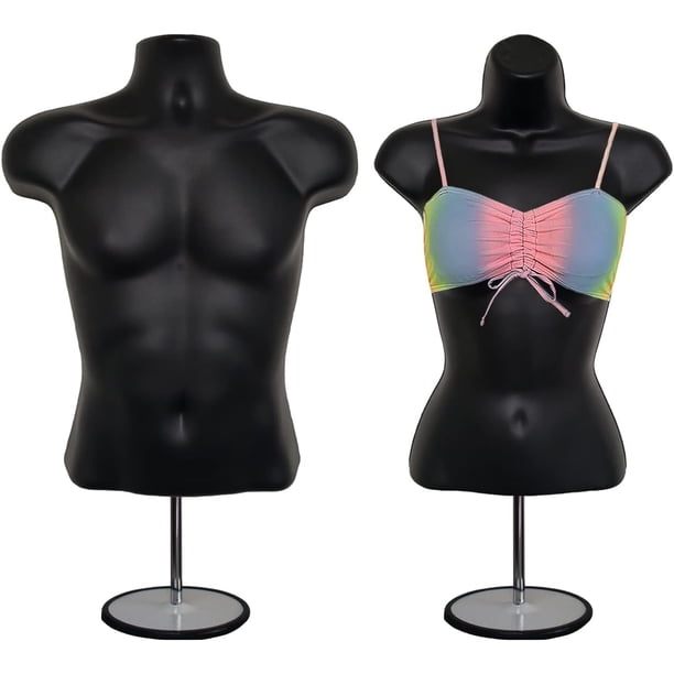 Conjunto De Torso De Cuerpo Con Espalda Hueca De Maniquí Negro Masculino Y Femenino Con Soporte De Metal Con Poste De Metal Y Gancho Para Colgar Tamaños S-M