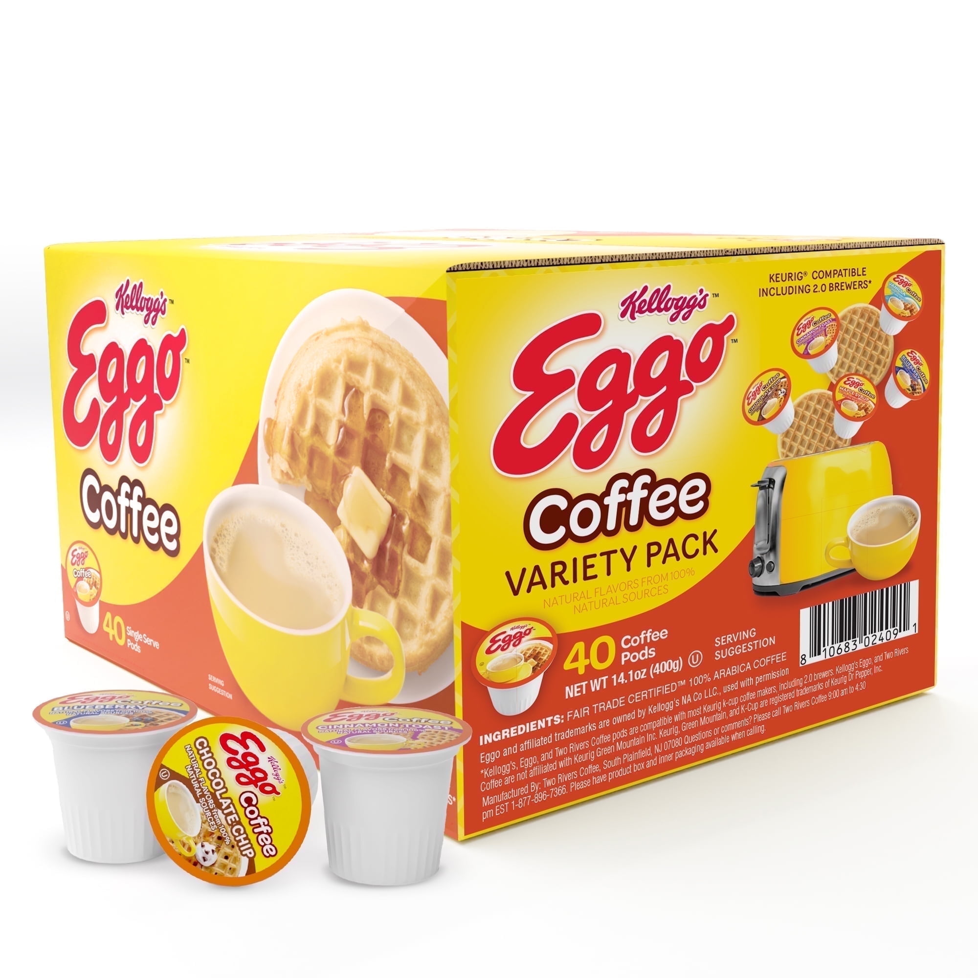 Eggo Beverages Waffle Flavored Coffee Pods, Variety Pack, Fair Trade Certified, Gluten-Free, Naturally Caffeinated, Kosher, 40 Count