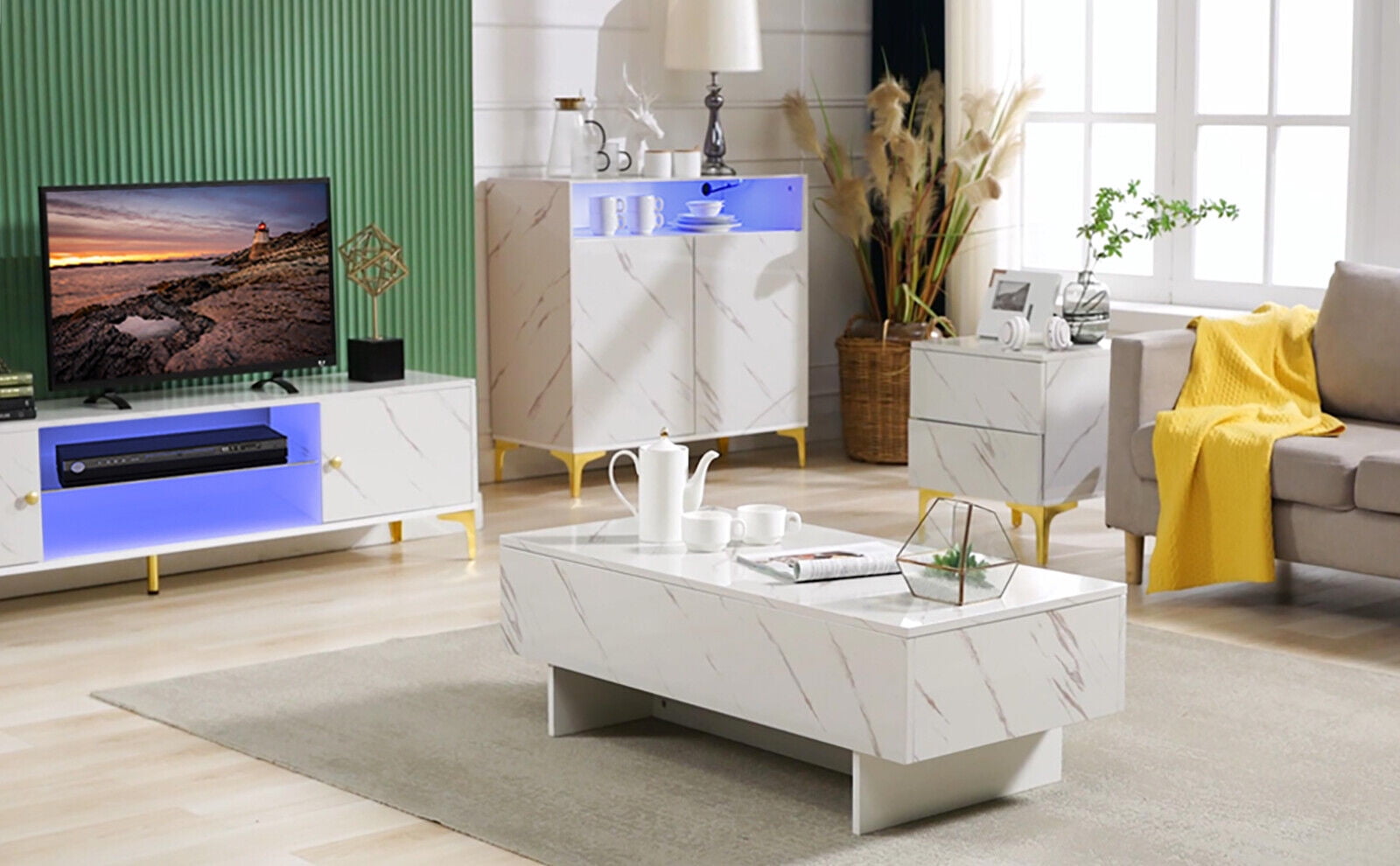 COSVALVE Rectangle High Gloss White Marble Coffee Table 42.5"x20.9"x12.2"
