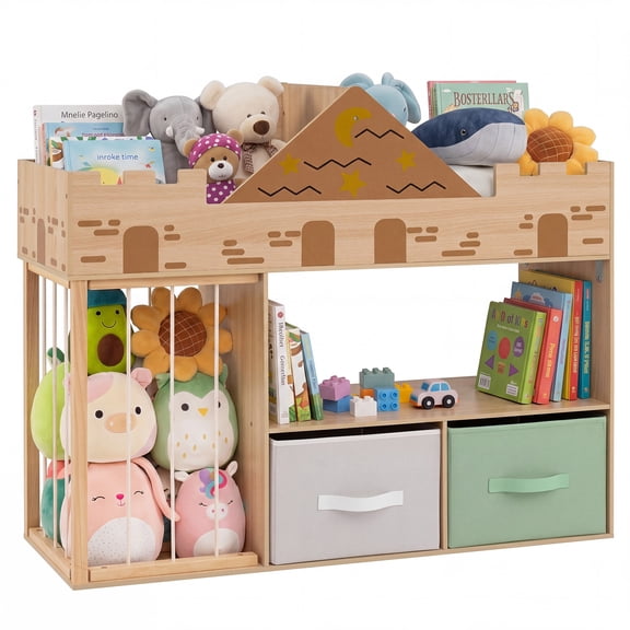Costway Toy Storage Organizer with Stuffed Animal Storage, Kids Bookshelf with Open Shelves Natural