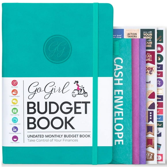 GoGirl Carnet de Budget - Planificateur Financier Mensuel Coloré Non Daté. Planificateur de Budget & Suivi des Dépenses pour Atteindre les Objectifs Financiers, Dure 1 An, Bonus 3 Enveloppes de Cash, A5 Couverture Rigide - Turquoise