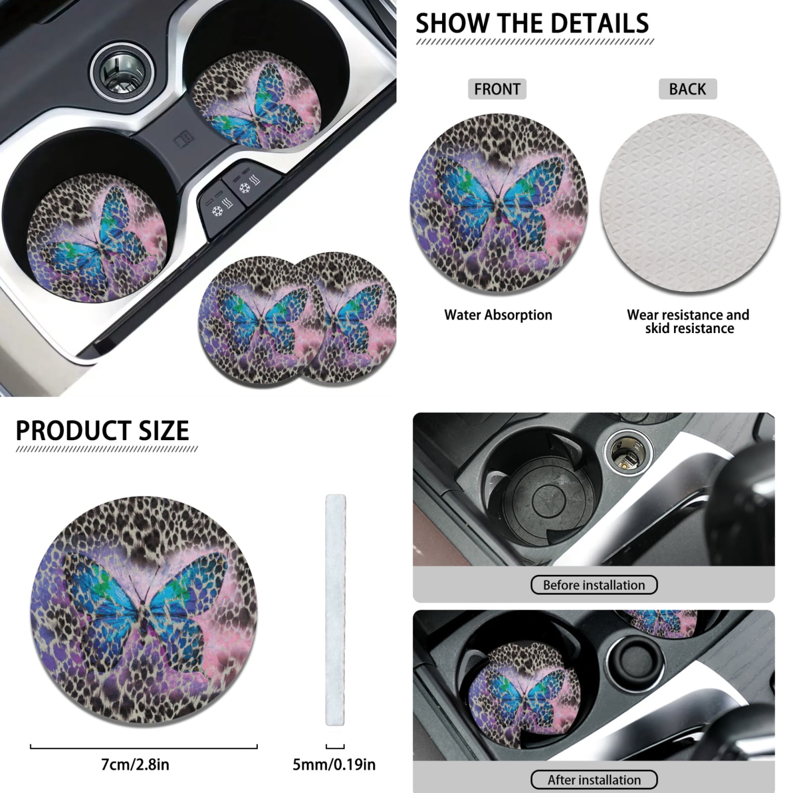 Renewold Blue Butterfly Leopard Print 11 PCS Car Seat Cover Set for Men Women, Breathable Front Rear Seat Protector with Steering Wheel Cover Seat Belt Cover Cup Holder Key Ring Car Accessories