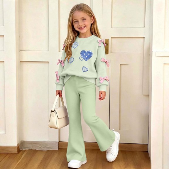 FSYBOA Girls Fall Outfit Set Size 7-8, Long Sleeve Crew Neck Pullover 2 Piece Graphic Tops and Flare Leg Pants Green