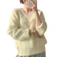 thumbnail image 1 of Minnieouse Suéter suelto con cuello en V para mujer, suéter peludo de manga larga grueso de invierno, jerséis de punto informales a la moda Prendas para la parte del cuerpo Amarillo claro, 1 of 6