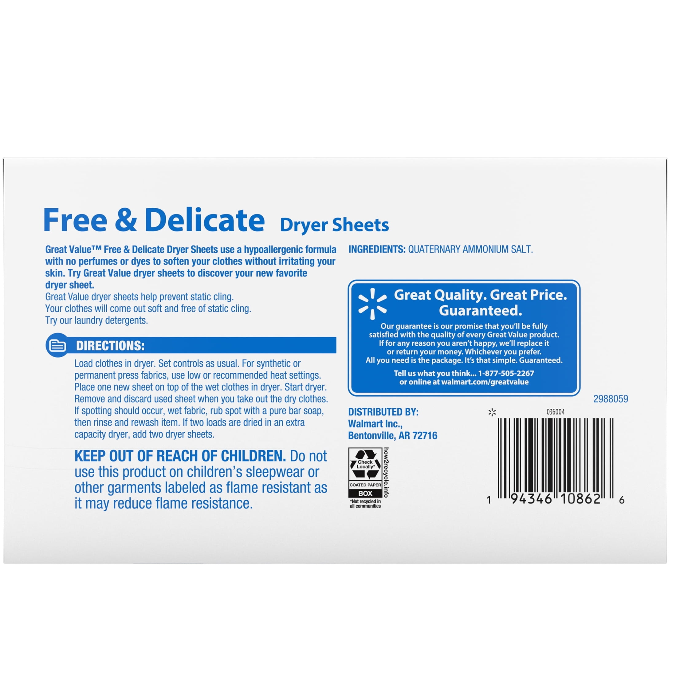 (6 pack) Great Value Free & Delicate Hypoallergenic Dryer Sheets, 180 Count