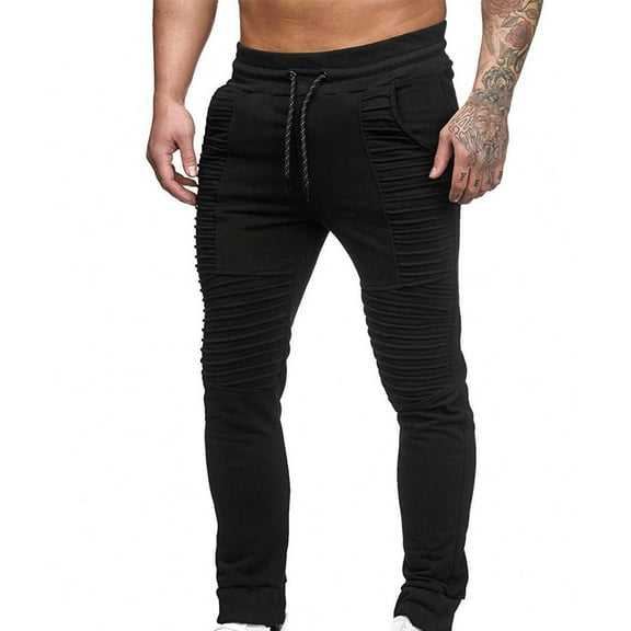 USNSM Spring and Summer Sports Fitness Loose Pants for Men Fashion Hip-Hop Drawstring Elastic Waist Skinny-Fit Slacks Tapered Ripped Trouser Black L