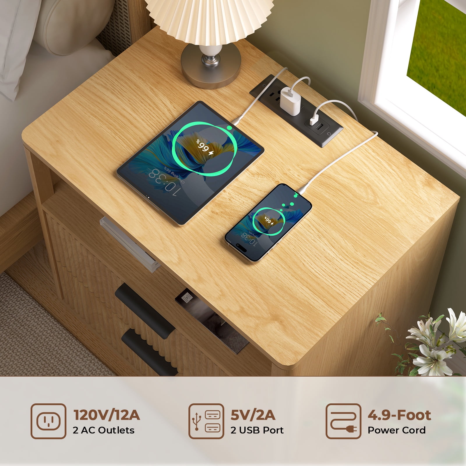 Hommpa Fluted Nightstand, 2 Drawers Bed Side Table with Charging Station, Modern End Side Table for Bedroom Furniture Living Room Sofa, Night Stand with Storage Drawers and Open Shelf