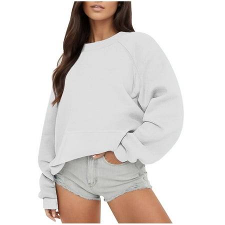 JGGSPWM Women s Oversized Sweatshirt Solid Long Sleeve Casual Crewneck Loose Fit Pullover Fall Tops White M