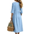thumbnail image 5 of CHGBMOK Cotton Linen Dresses for Women Fall 3/4 Sleeve V Neck Fitted Waist Dress Side Slit Midi Dress with Pockets, 5 of 5