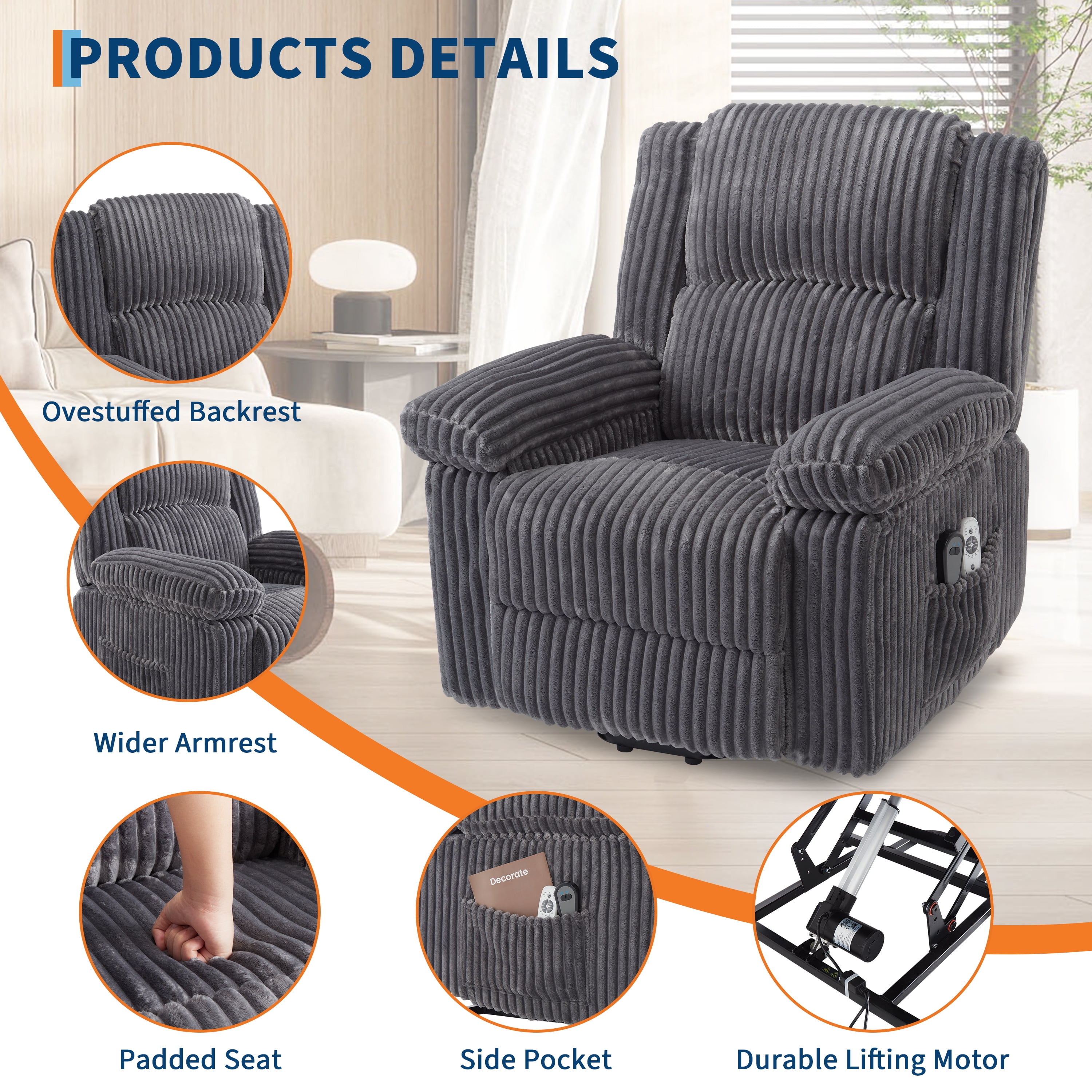 Garvee Electric Power Lift Recliner Chair Sofa with Massage and Heat,4 Positions,Side Pockets,Dark Gray