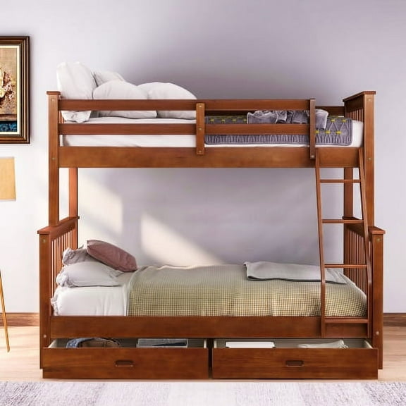 Triple Tree Twin Over Full Bunk Bed with Two Storage Drawers, Safety Guardrail and Ladder, Convertible to 2 Separated Frames, Walnut