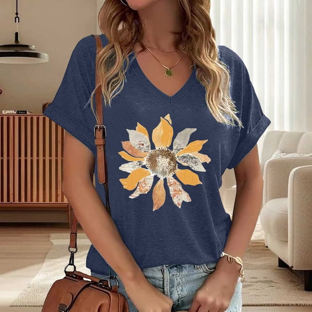 T-Shirt Décontracté à Manches Courtes et Col en V pour Femmes avec Imprimé en Dentelle pour Usage Quotidien