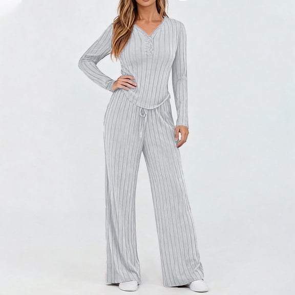 Women's Casual Suit V Neck Long Sleeve Top and Stretch Waisted Drawstring Long Pants 2 Piece Solid Color Sportswear Set,Light Gray M