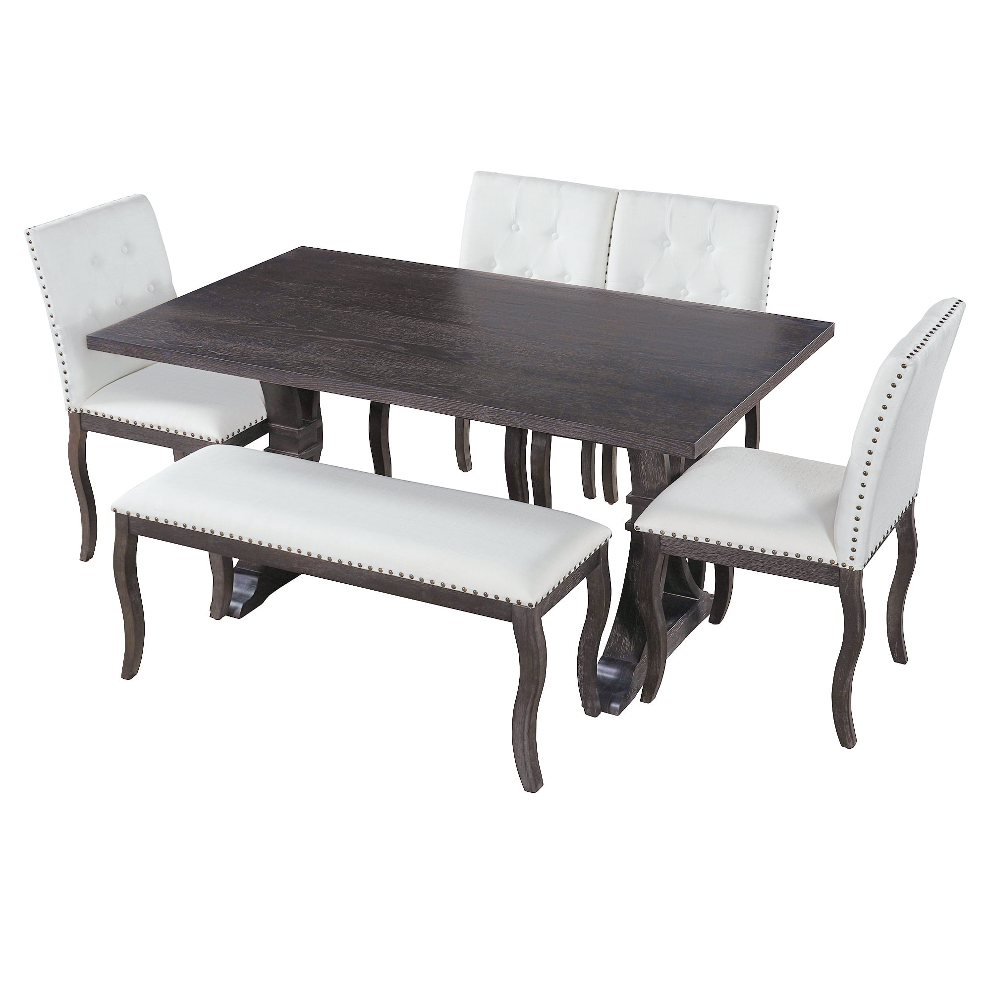 Euroco 6 Pieces Dining Table Set for 6, Solid Wood Kitchen Table Set with 4 Upholstered Chairs and Bench, Rectangular Dining Furniture Set,Espresso