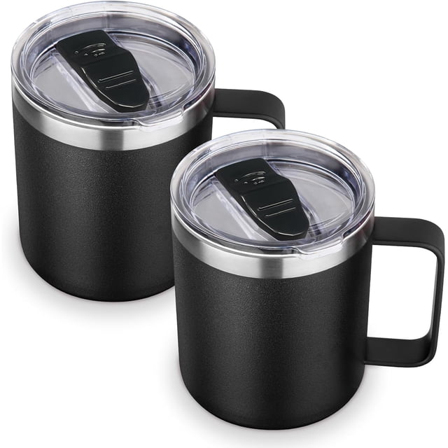 Volhoply 14oz Insulated Stainless Steel Coffee Mug with Lid Bulk 2 Pack,Double Wall Vacuum Travel Coffee Cup with Handle,Reusable Cups Tumbler,Camping Mugs Keep Hot,Christmas Gifts(Black,2 Set)