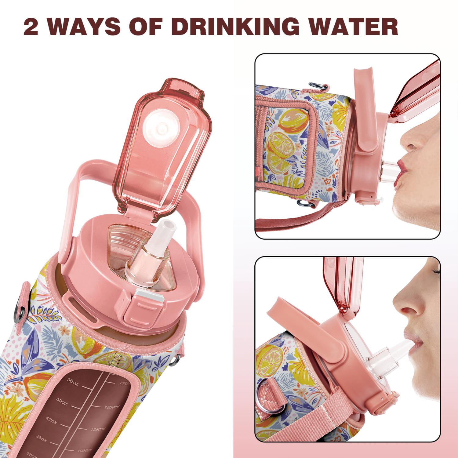 Lemon 64 Oz Water Bottle with Sleeve - BPA Free Leakproof Sport Large Plastic Water Bottle with Straw Strap & Insulated Neoprene Holder Carrier Bag Great Gift for Women Men