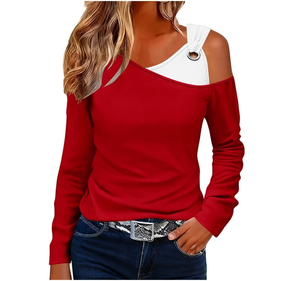 thefmos Women Fall Winter Cold Shoulder Long Sleeve Asymmetric Solid Casual Pullover Tops Dressy V Neck Loose Blouses Trendy Going Out Vacation Clothes, Red 2XL