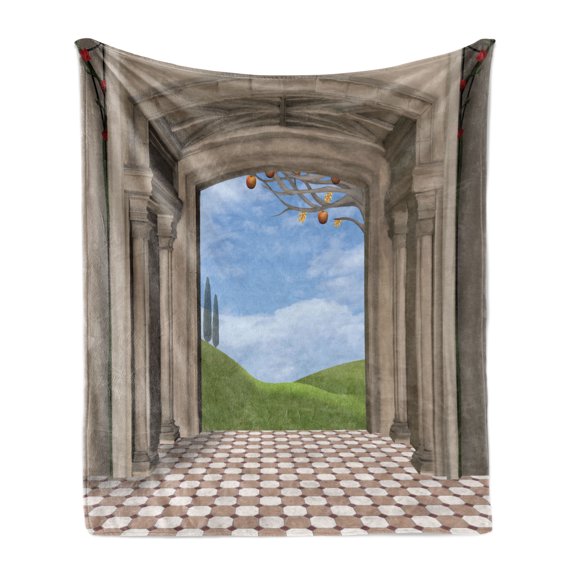 Country Soft Flannel Fleece Blanket, Classic Architectural Entrance Illustration with Backdrop of Countryside Landscape, Cozy Plush for Indoor and Outdoor Use, 60" x 80", Blue Green, by Ambesonne