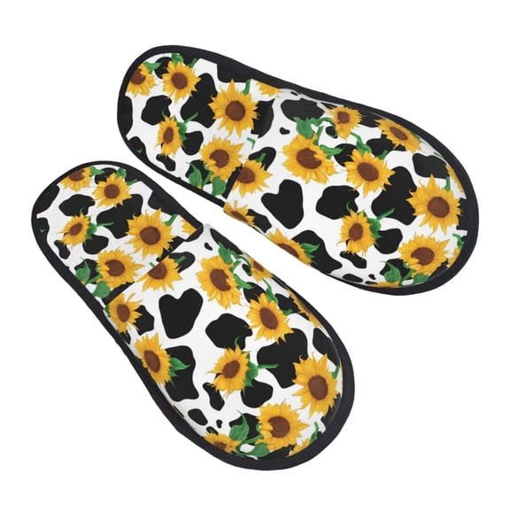 House Slippers for Women Men - Cute Cow Print Sunflower C Lightweight House Shoes Fuzzy Slippers, Soft Slip-On Cozy House Slippers for Woman Indoor Outdoor