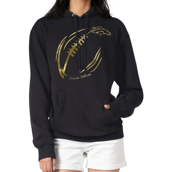 Women's G-III 4Her by Carl Banks Black Denver Broncos Metallic Print Football Sketch Fleece Pullover Hoodie