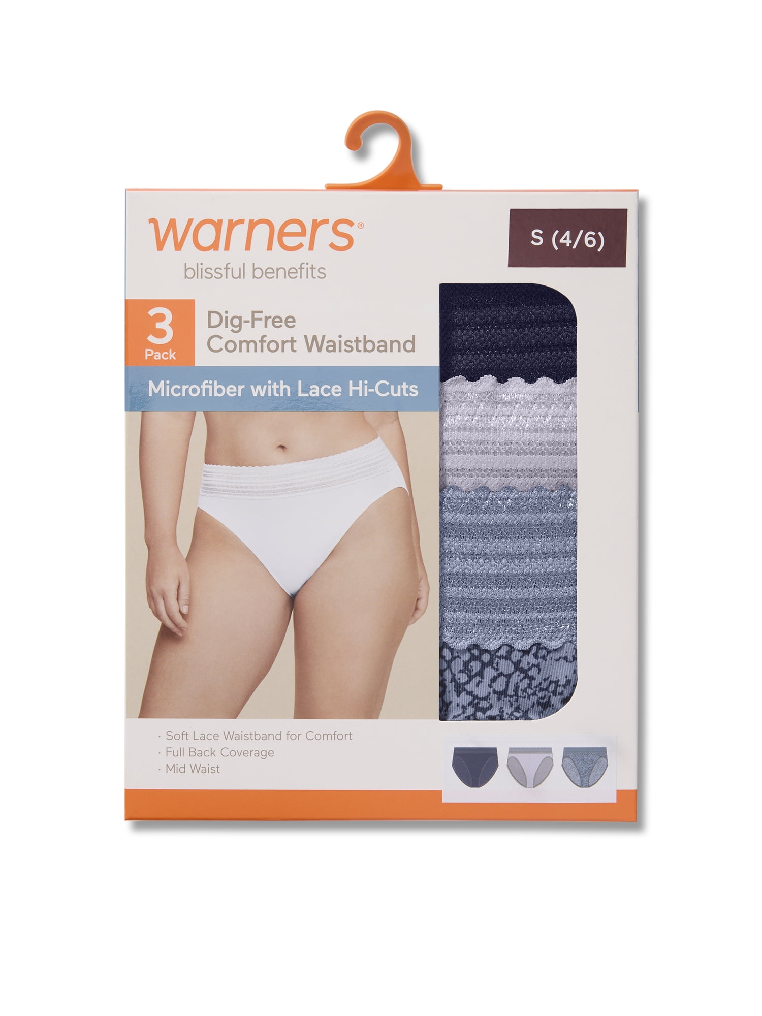 Warners® Blissful Benefits Women's Dig-Free Comfort Mid Waist Microfiber Hi-Cut with Lace 3-Pack S-3XL
