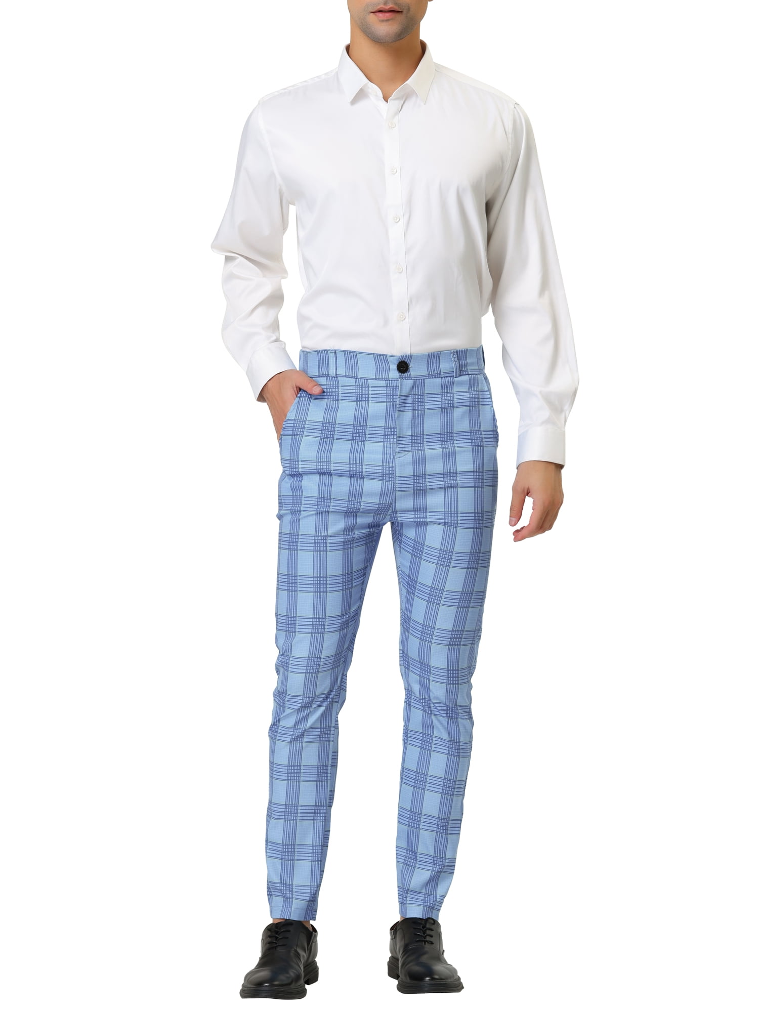 Unique Bargains Men's Formal Color Block Slim Fit Flat Front Plaid Pants 32 Light Blue