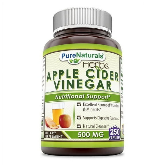 Pure Naturals Apple Cider Vinegar 500 Mg Per Serving 250 Capsules Supplement | Non-GMO | Gluten-Free | Made in USA