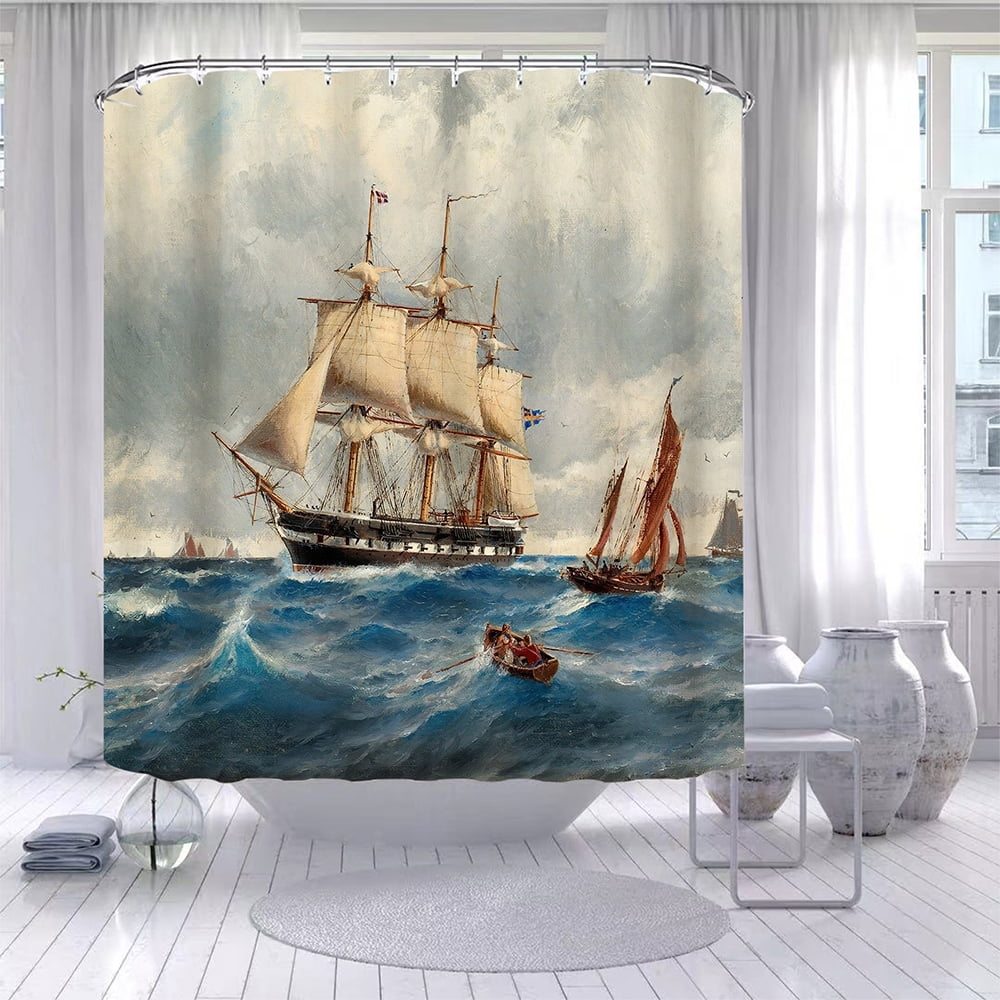 72X72" Pirate Ship Shower Curtain Waterproof Fabric Bath Curtains Bathroom Decor 