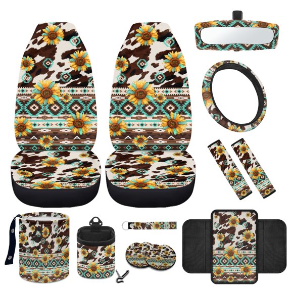 Yuyamidu Aztec Car Accessories with Front Seat Covers Steering Wheel Cover Brown Cow Print Seatbelt Covers Armrest Mat Trash Can Mount Pocket Cup Holders Rearview Mirror Cover Keychain, Set of 12