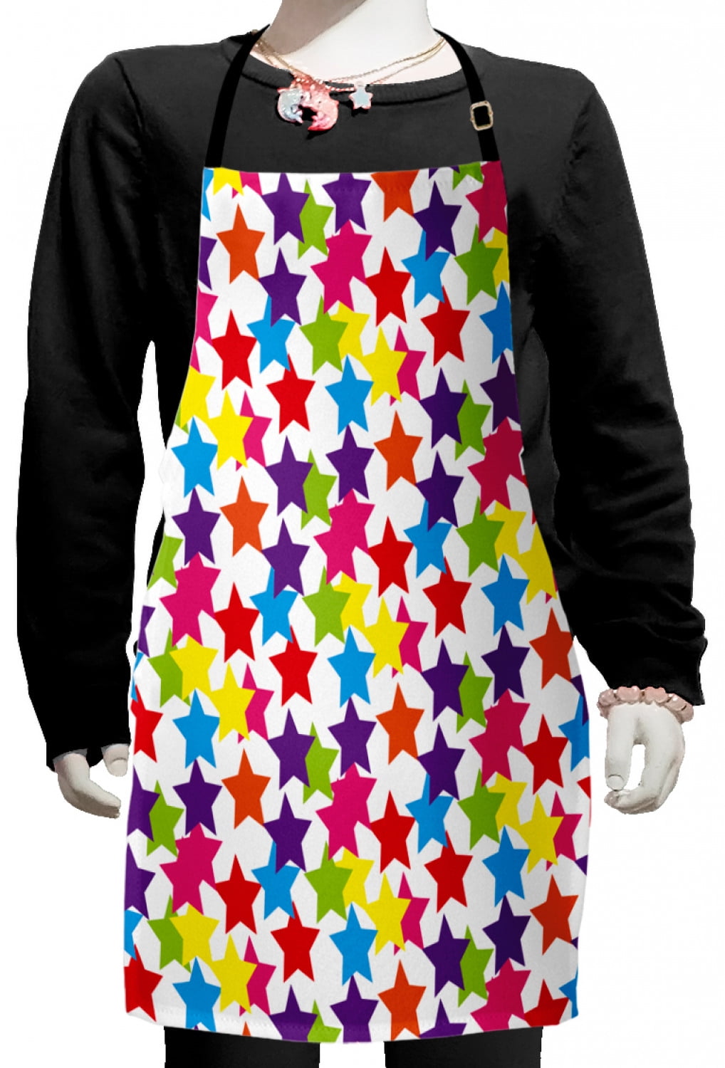 Modern Kids Apron, Little Rainbow Colored Funky Stars Kids Nursery Boys Girls Theme Print, Boys Girls Apron Bib with Adjustable Ties for Cooking Baking Painting, Multicolor, by Ambesonne
