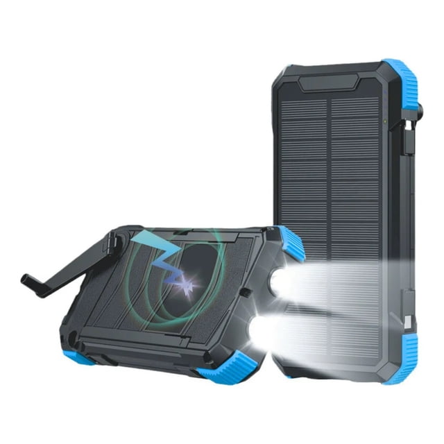 Mr. Gadgets Solar Blast Power Bank 20000 Mah Bateria Panel Solar De Carga Portatil Con Linterna, Manivela De Emergencia, Carga Inalambrica, Color Negro Con Azul.