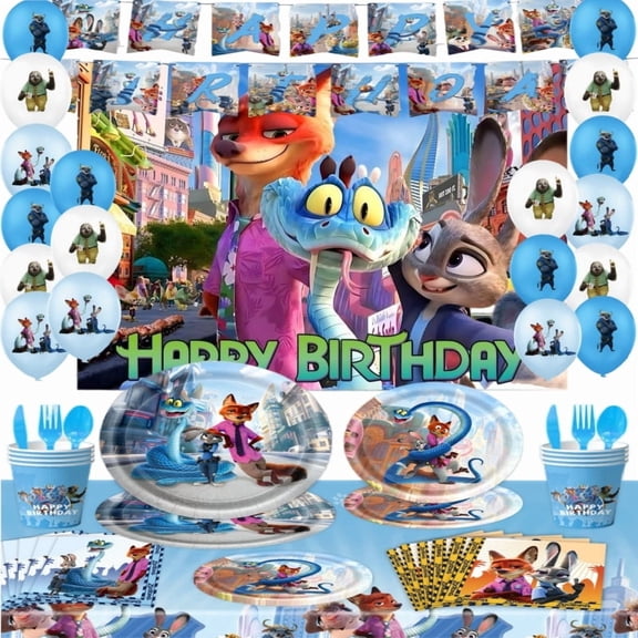 Zootopia Theme Party Decorations Tableware Set , 125PCS Zootopia Birthday Plates and Cups Napkins Tablecloth Birthday Decorations Tableware