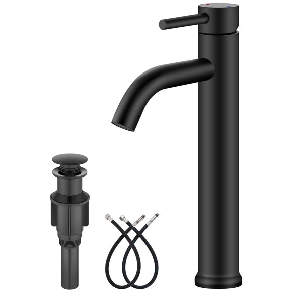 Aolemi Matte Black Vessel Sink Faucet Bathroom Faucet Tall Stainless Steel Bathroom Sink Faucet Single Handle One Hole Round Body with Pop up Drain Basin
