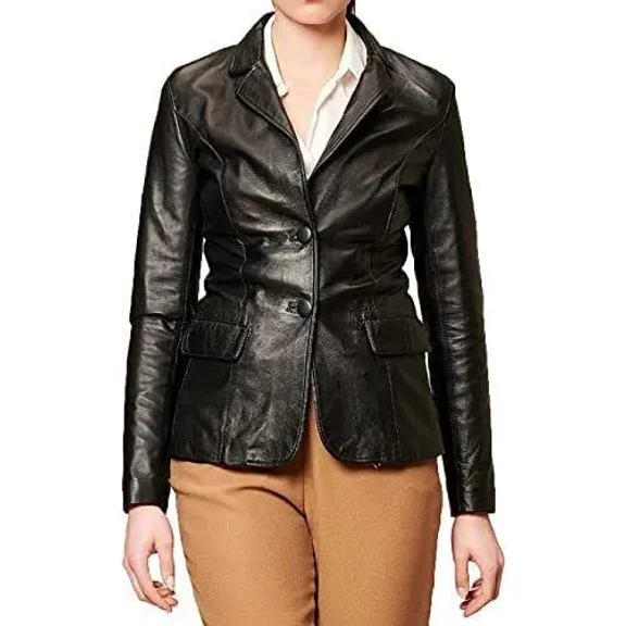 Real Genuine Lambskin Leather Classic Button Party Black Stylish Women Blazer