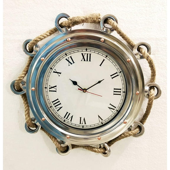 16" Antique Marine Jute Rope Ship Porthole Clock Nautical Wall Clock Home Decor