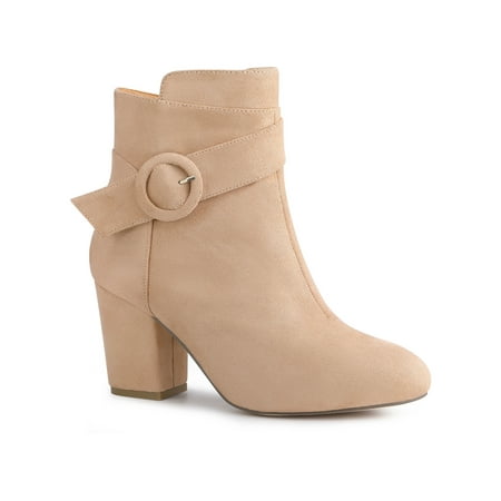 BLISSFUL STEP Women s Boots Faux Suede Ankle Booties Block Heel Round Toe Buckle Side Zip Boots Nude 9