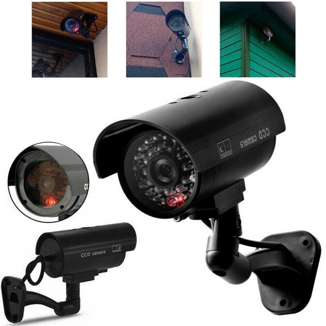 Cámara de seguridad falsa, sistema de vigilancia simulado con sensor de luz roja intermitente para interiores y exteriores (1 unidad)