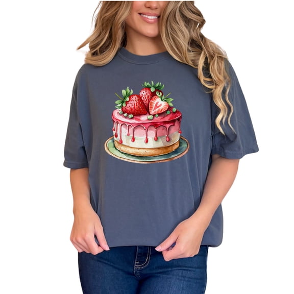 Strawberry Drip Cake T-Shirt, Cute Strawberry Dessert Tee, Delicious Dessert Shirt, Sweet Cake Lovers Tee, Tasty Cake Illustration Top, Denim Comfort Colors T-Shirt, Small