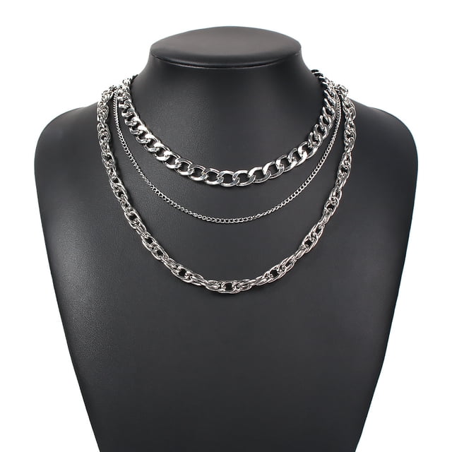 Conjunto de collar de cadena de bloqueo, aleación multicapa punk cadena larga personalidad simple moda hip hop joyería para hombres mujeres (A) JM