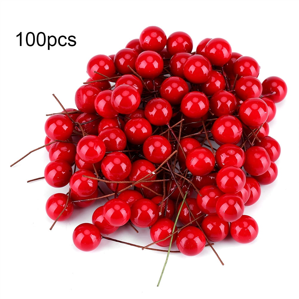 100pcs Red Berries Artificial Fake Fruits Craft Holly Berry Pick Christmas Decor 